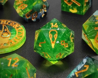 Lokis Binding, Handmade Set of Sharp Edge Polyhedral Resin Dice for Dungeons and Dragons and other TTRPG Games