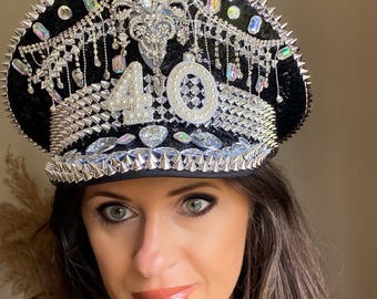 Birthday Captain Hat: Crystal, Rhinestone, Rhinestone Embellished Black Silver Party Hat, Personalised Age, 30th, 40th, 50th Birthday Hat