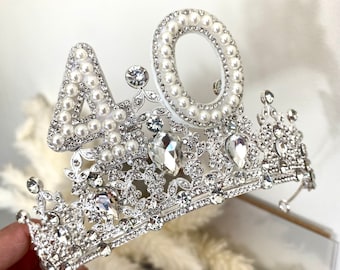 Corona de cumpleaños 18, 21, 30, 40, 50, 30, diadema 40, tiara de nacimiento, tocado de cumpleaños, tiara de plata, regalo de cumpleaños personalizado