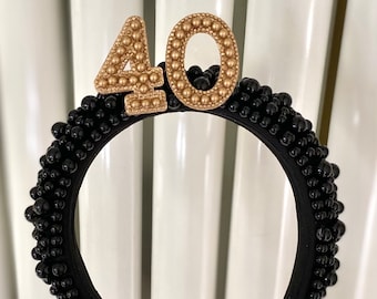 Black and Gold Birthday headband any age, Pearl headband, 30th 40th 50th birthday headband, birthday crown tiara, hair accessories, birthday
