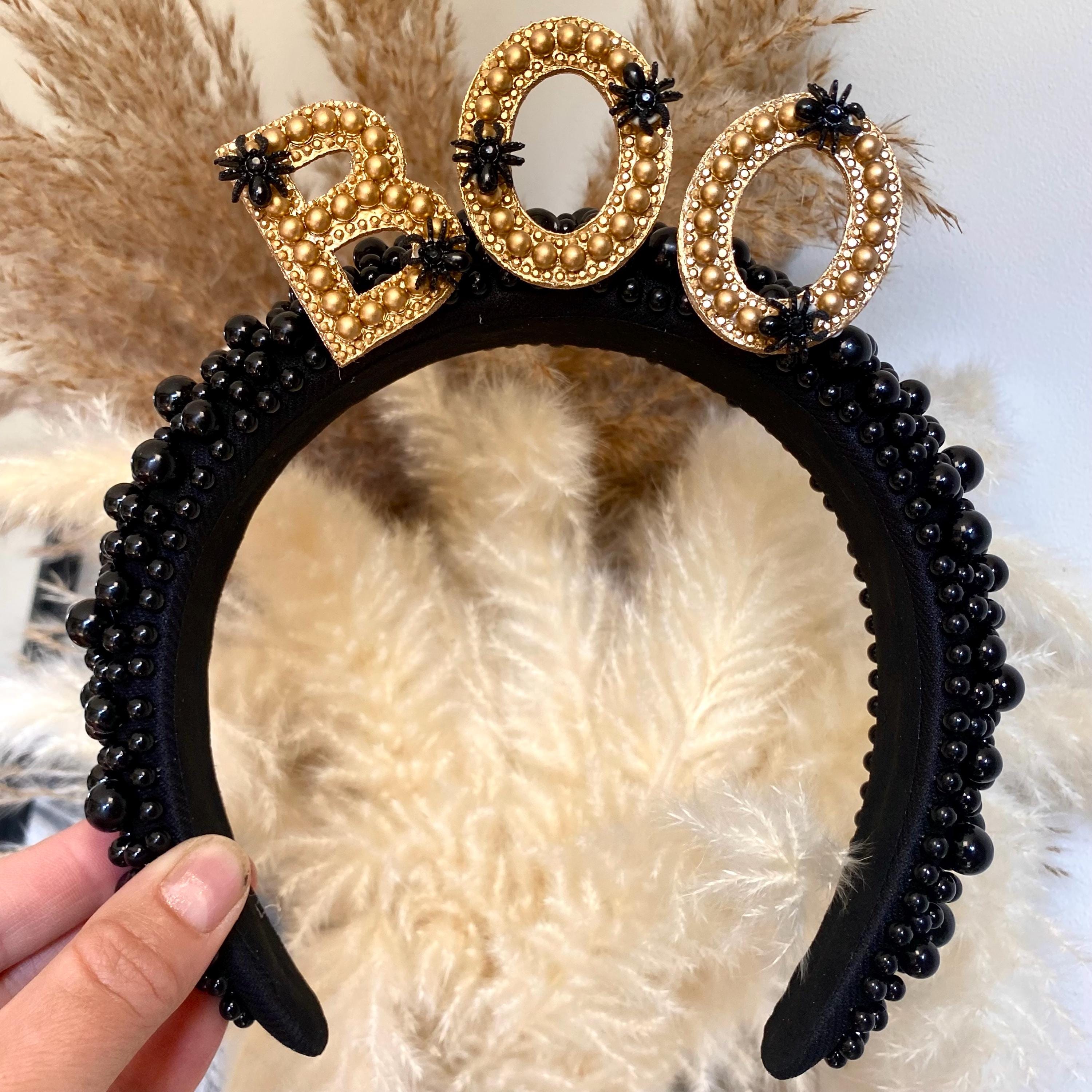 Halloween Boo Headband, Black and Gold Embellished Halloween 