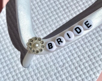 Personalised Flower Bridal Flip Flops, white hen do flip flops, Honeymoon wedding day night flip flops, hen do gift, custom bride flip flops