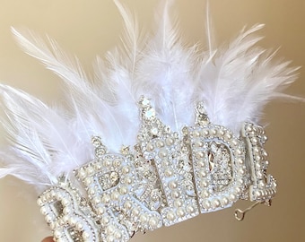 Bridal Bride To Be Crown Tiara Feather Headband Hen Do Engagement Wedding Gift Wifey Hen Party Bachelorette Bride Gift Crystals Pearls