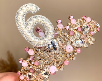 Birthday girl crown tiara 5th 6th 7th 8th 9th birthday party headpiece gold pink tiara personalised birthday gift girls birthday crown