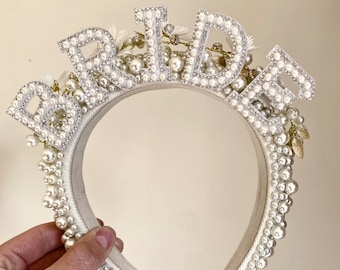 Hen Party Pearl Headband Flower Headband Hen Do Bachelorette Headpiece Crown Jewel Embellished Tiara Bride Gift Bridal Shower