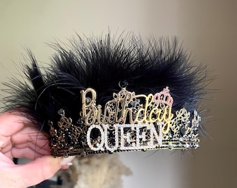 Birthday Queen birthday crown, feather birthday crown, gold tiara, birthday crown,birthday tiara,black gold feather crown, birthday gift