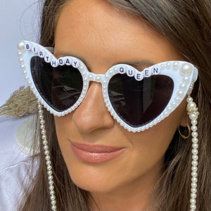 Personalised 18th 21st 30th 40th 60th 70th birthday sunglasses white pearl heart embellished sunglasses, personalised birthday gift