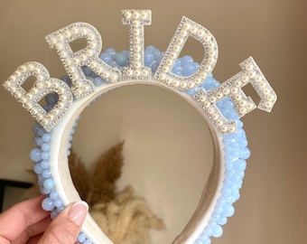 Bridal Bride To Be Hen Party Blue Pearl Headband Wifey Hen Do Bachelorette Headpiece Tiara Bride Gift Crystals Pearls Bridal Shower