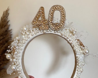 Ivory Gold Pearl Birthday Headband 21st 30th 40th 50th Birthday30th 40th tiara birthday crown rhinestone personalised birthday present gift