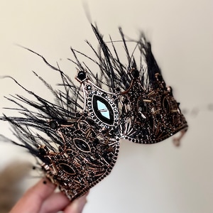 Halloween Feather Crown, Black and Bronze Crystal Crown, Headpiece, Tiara, Witch, Wiccan, Fairy, Boho,Goth, cosplay, Evil Queen
