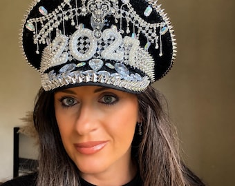 New Years Eve Headpiece, Captain Black and silver 2027 hat, NYE Black and Silver Captain hat, New Years  Hat 2027, headpiece 2027