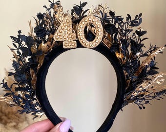 Black and Gold Birthday headband any age, 40th headband, 30th 40th 50th birthday headband, birthday crown tiara, birthday headpiece