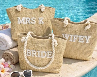 Bride Beach Bag, Bravel Bag, Bride Bag, Personalised Bride Bag, Tote Bag, Bride Gift, Personalised Beach Bag, Straw Bag, Hen do Bag