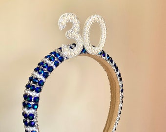 Azul cualquier edad diadema de cumpleaños 18 21 30 40 cumpleaños cristal perla tiara cumpleaños corona cumpleaños cobalto regalo de cumpleaños personalizado