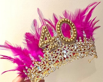 18th 21st 30th 40th 50th hot Pink birthday crown feather 30th headband 40th tiara birthday crown birthday tiara gold personalised