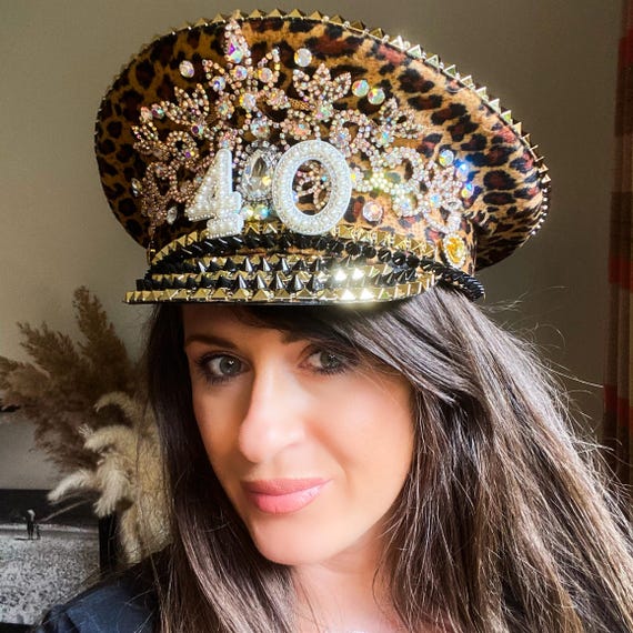 Leopard Print Birthday Captain Hat: Black & Gold Embellished  display picture 3