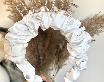 Hen party bride to be bridal shower party crown headband white gold Silver rhinestone ruffle scrunchie headband headpiece crown  headband