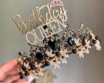 Birthday Queen birthday crown, black and Gold Pearl crown, 30th 40th 50th birthday headband, birthday crown, birthday tiara, birthday gift