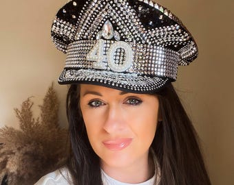 Birthday Captain Hat: Black and Silver Hat, Crystal, Rhinestone, Embellished Party Hat, Personalised Age, 30th, 40th, 50th Birthday Hat