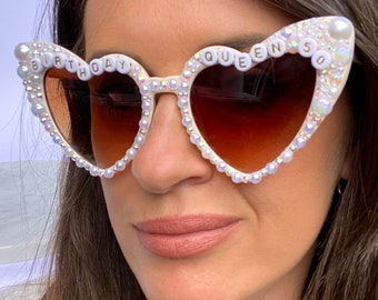 Personalized Birthday Sunglasses: Rhinestone Pearl Heart Embellished Party Shades