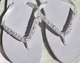 Bridal Flip Flops, Personalised bridal, Honeymoon wedding day night flip flops, bridal party, hen party, pearl embelished flip flops