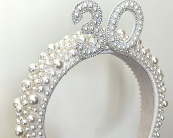 18. 21. 30. 40. 50. Geburtstag Perlen Stirnband 30. 40. Tiara Geburtstagskrone Geburtstag Elfenbein personalisiertes Geburtstagsgeschenk Geschenk