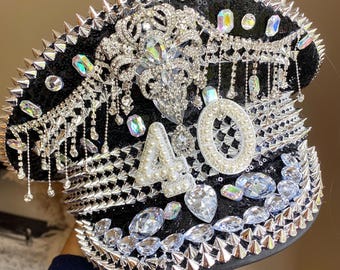 Birthday Captain Hat: Crystal, Rhinestone, Rhinestone Embellished Black Silver Party Hat, Personalised Age, 30th, 40th, 50th Birthday Hat