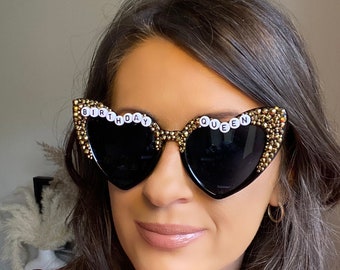 Personalised 18th 21st 30th 40th 60th 70th birthday sunglasses black and gold heart embellished sunglasses, personalised birthday gift