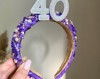Purple Birthday Headband,  21st 30th 40th 50th pearl birthday headband 30th 40th tiara birthday crown birthday personalised birthday gift