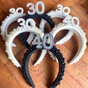 Birthday headband birthday crown 30th birthday 40th birthday personalised headband birthday gift pearl birthday headband black white