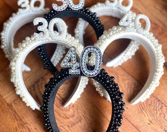 Birthday headband birthday crown 30th birthday 40th birthday personalised headband birthday gift pearl birthday headband black white