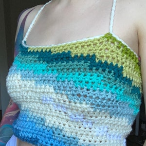 Hand Crocheted Blue and Green Galaxy Open Back Top