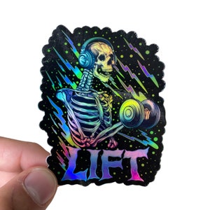 Holographic Lift Skeleton, Gym stickers, fitness stickers, gifts for gym lovers, CrossFit stickers, Waterproof, water bottle stickers, lift,