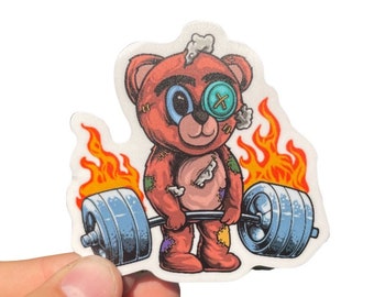 Flaming Teddy Bear Weightlifting Sticker - Gym Fitness Decal