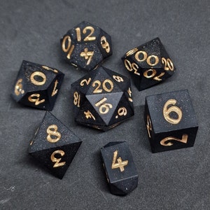 Set of 7 Handcrafted Custom &quot;Celestia’s Edge Dice&quot; (Black, Gold); One of a kind Set; For Collectors and Dungeon Masters