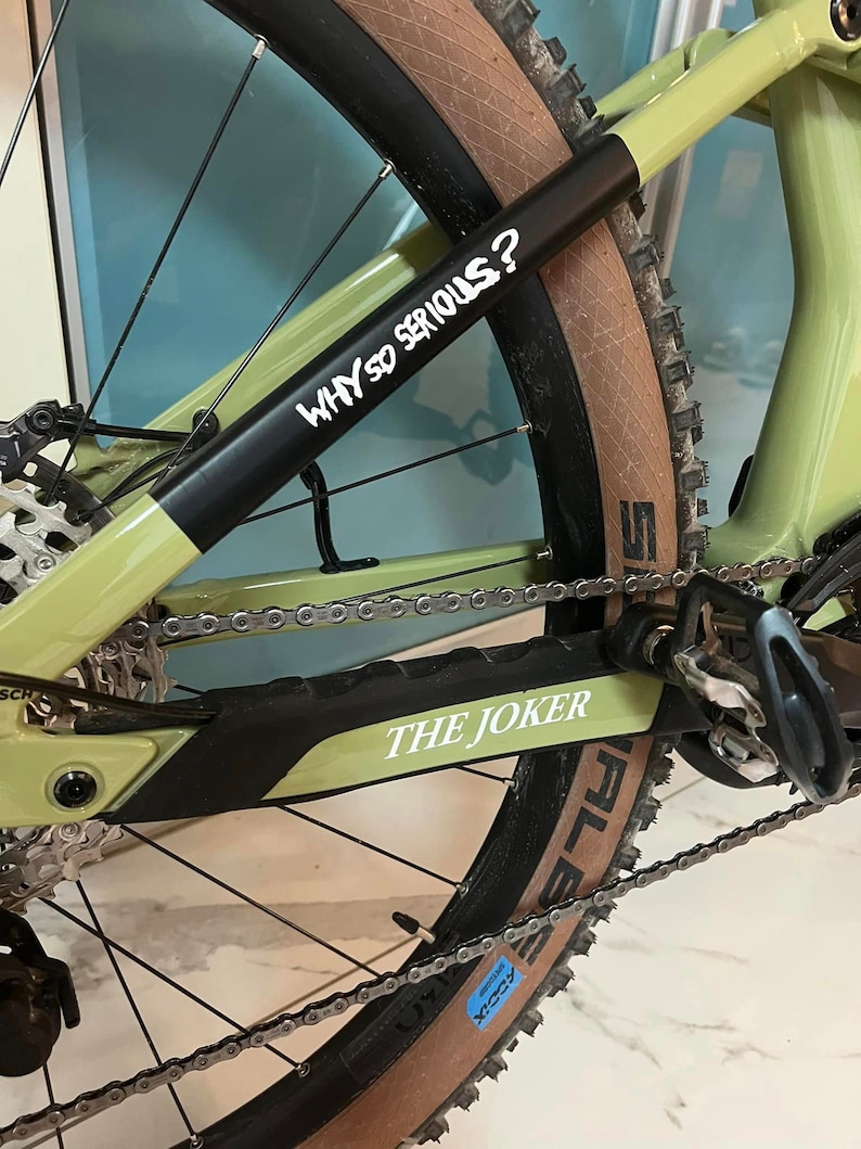 May include: A green mountain bike with black tires and a chain. The bike has a black sticker on the frame that says "WHY SO SERIOUS?" and another sticker that says "THE JOKER".