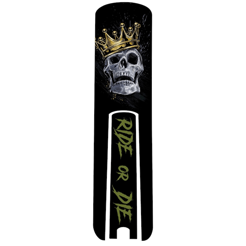 May include: Black and white skull graphic with a gold crown on a black background. The text "RIDE OR DIE" is written in green on the right side of the image.