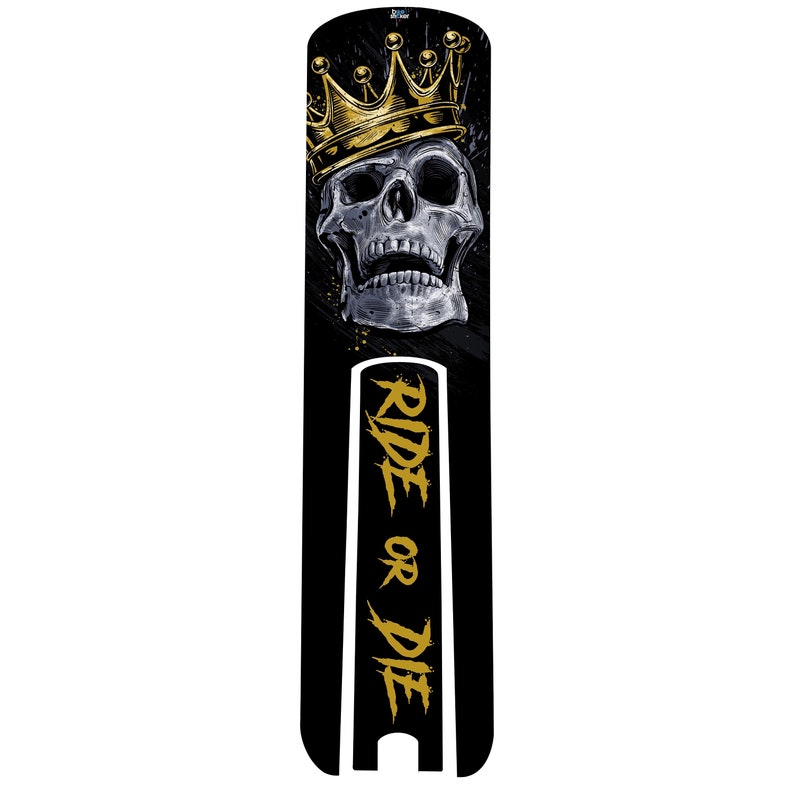 May include: Black and gold motorcycle graphic decal with a skull wearing a crown and the text "Ride or Die".