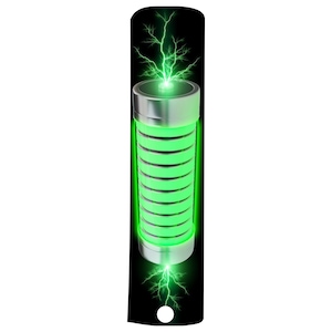 Könnte beinhalten: Eine grüne Batterie mit silbernem Gehäuse und einem Blitz-Design oben und unten. Die Batterie ist voll geladen und leuchtet grün.