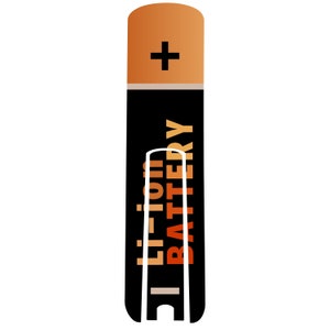 Op de afbeelding: Een zwarte en oranje lithium batterij met een plusteken bovenaan en een minteken onderaan.