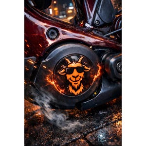 Pode incluir: Close-up de um motor de motocicleta com uma tampa preta com uma cabra laranja usando óculos de sol. O motor é vermelho escuro e preto, com faíscas e fumaça visíveis, sugerindo alto desempenho.