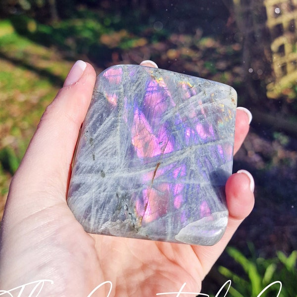 Beautiful Rainbow Purple Flash Labradorite Crystal Freeform, Crystal Carving