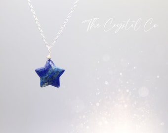 Dainty, Natural Lapis Lazuli Star Pendant on a 925 sterling silver chain, Crystal gifts