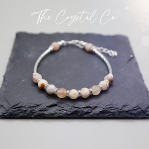 Handmade Flower Agate Bracelet: Sterling Silver Beaded Crystal Jewelry