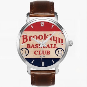 Row One Brand 1939 Brooklyn Baseball Club Watch with Leather Band 46mm Automatic Watch with vintage Brooklyn baseball graphics from 1939