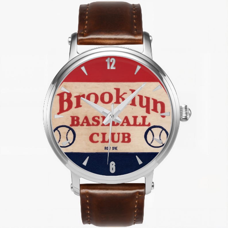 Row One Brand 1939 Brooklyn Baseball Club Watch with Leather Band 46mm Automatic Watch with vintage Brooklyn baseball graphics from 1939
