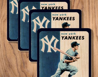 Yankees Coaster Set: 1956 Vintage Sports Art, Wood Drink Coasters