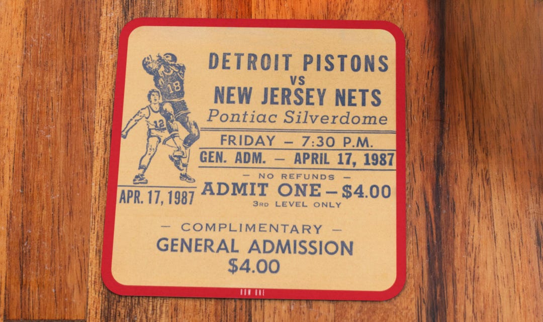 Pistons Vs Nets 1987 Ticket Coasters: Basketball Fan Gift (4 Piece Wood