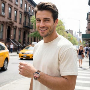 Man wearing a t-shirt and 1939 Brooklyn Baseball Club watch on city street with taxi cabs driving past