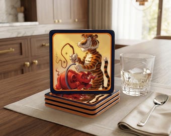 Vintage College Art Phil Neel Cartoon Art Wood Coaster Set (4)